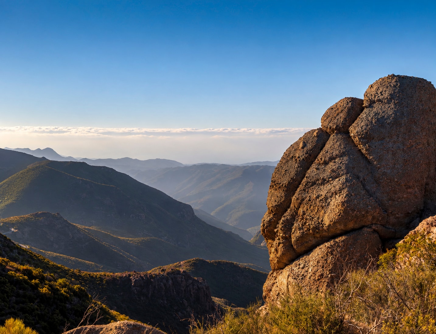 Wide valley view with large boulder, Mishe Mokwa Trail