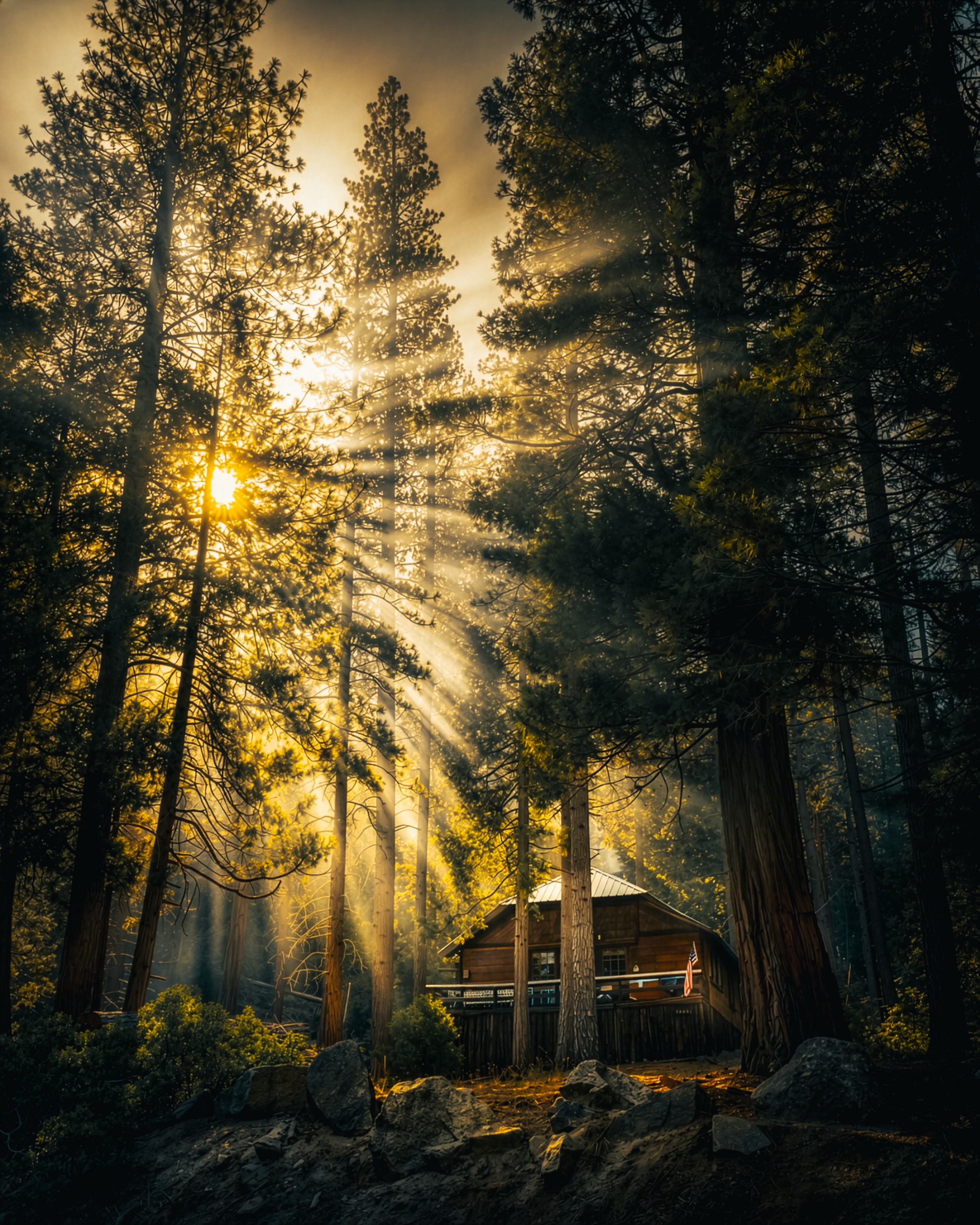 Forest cabin with golden sunlight rays through tall pines