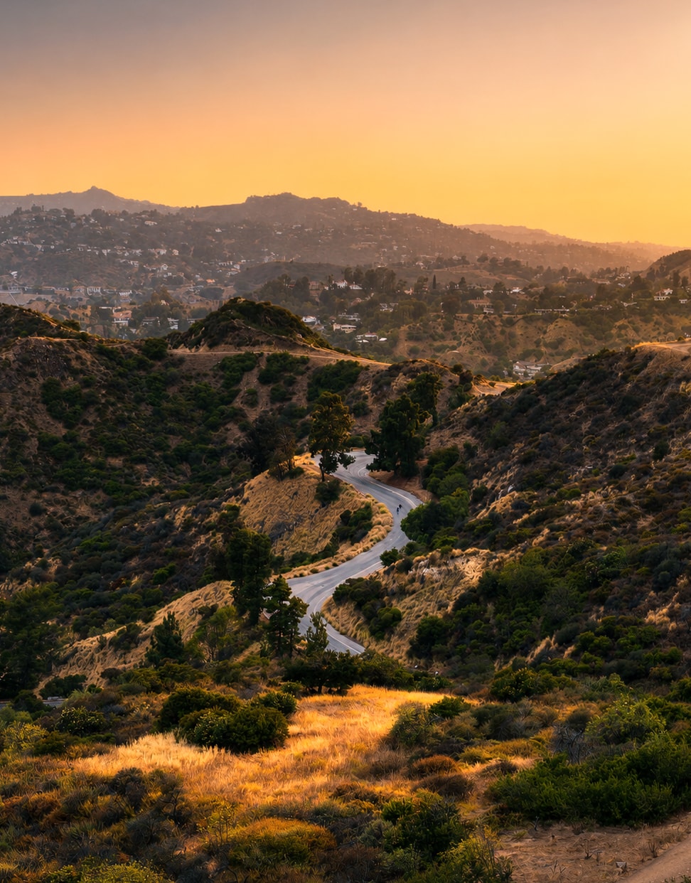 Winding road through golden hills at sunset