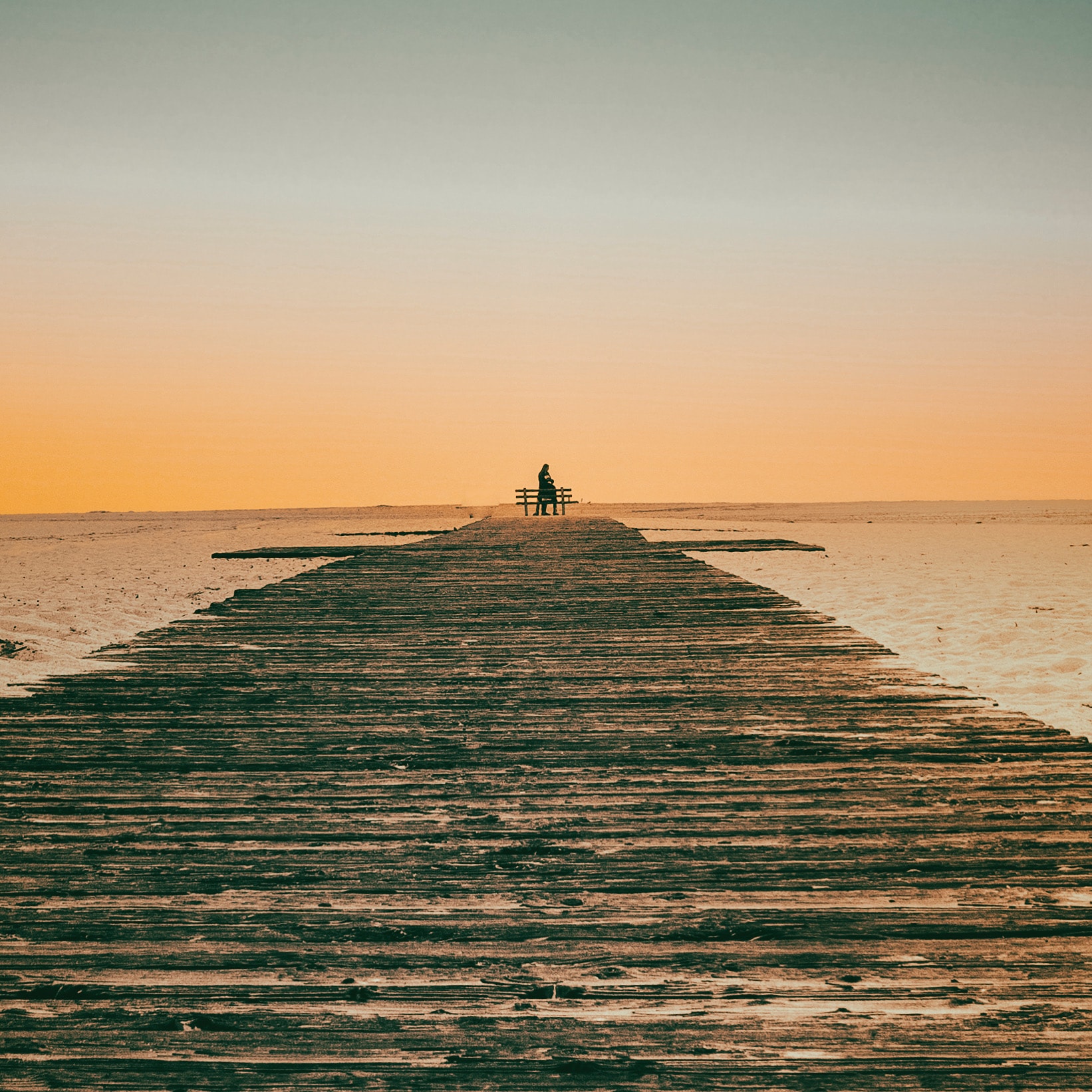 Person sitting on bench at beach sunset