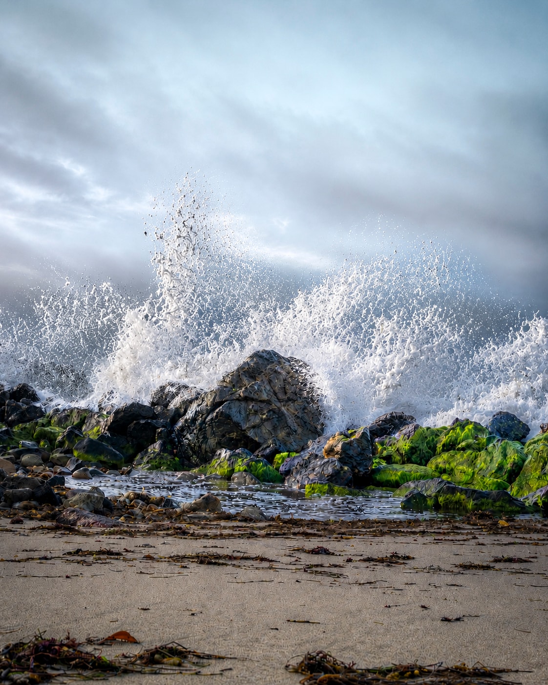 Ocean waves crashing rocky beach shore