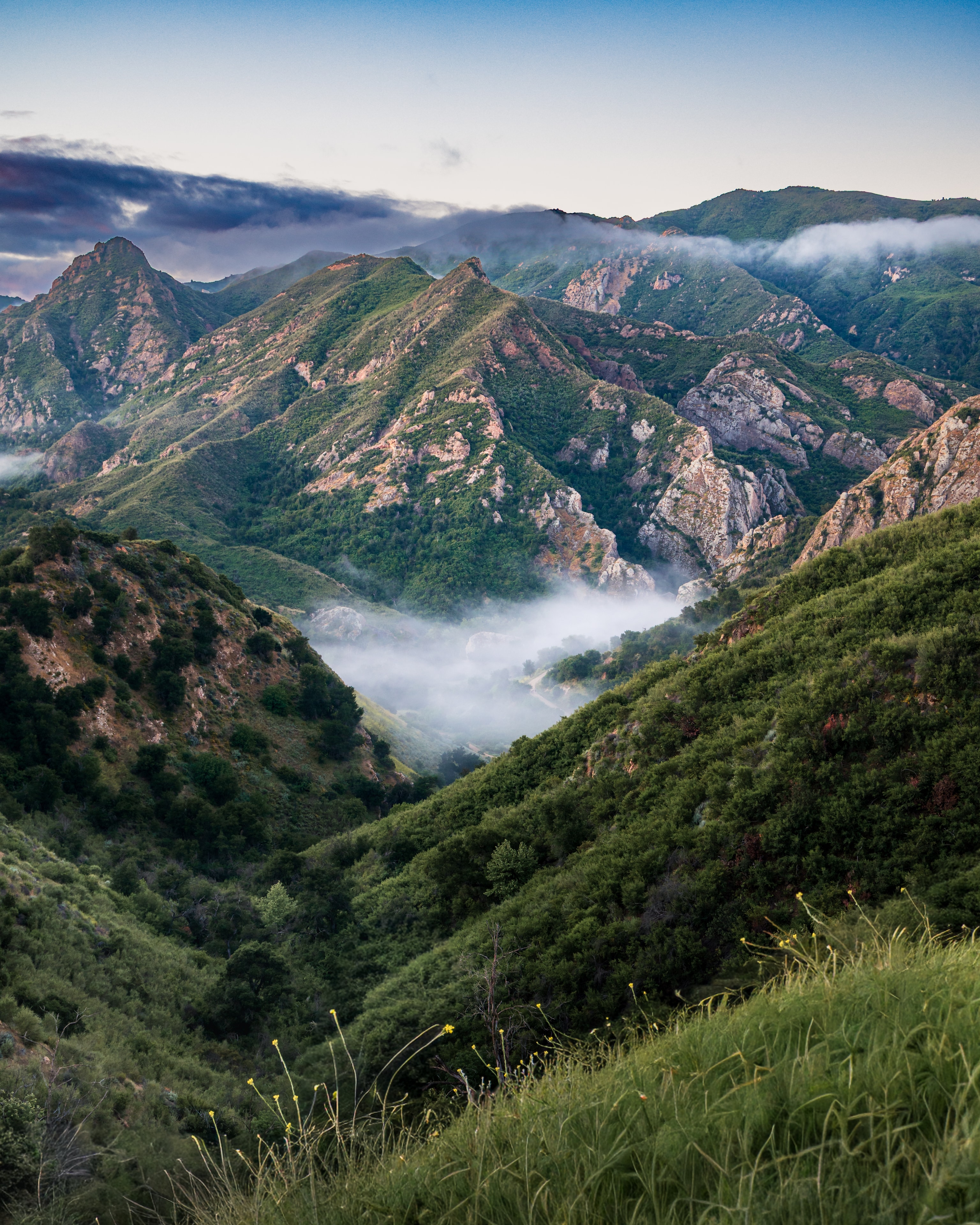 Misty mountain valley with lush green hills