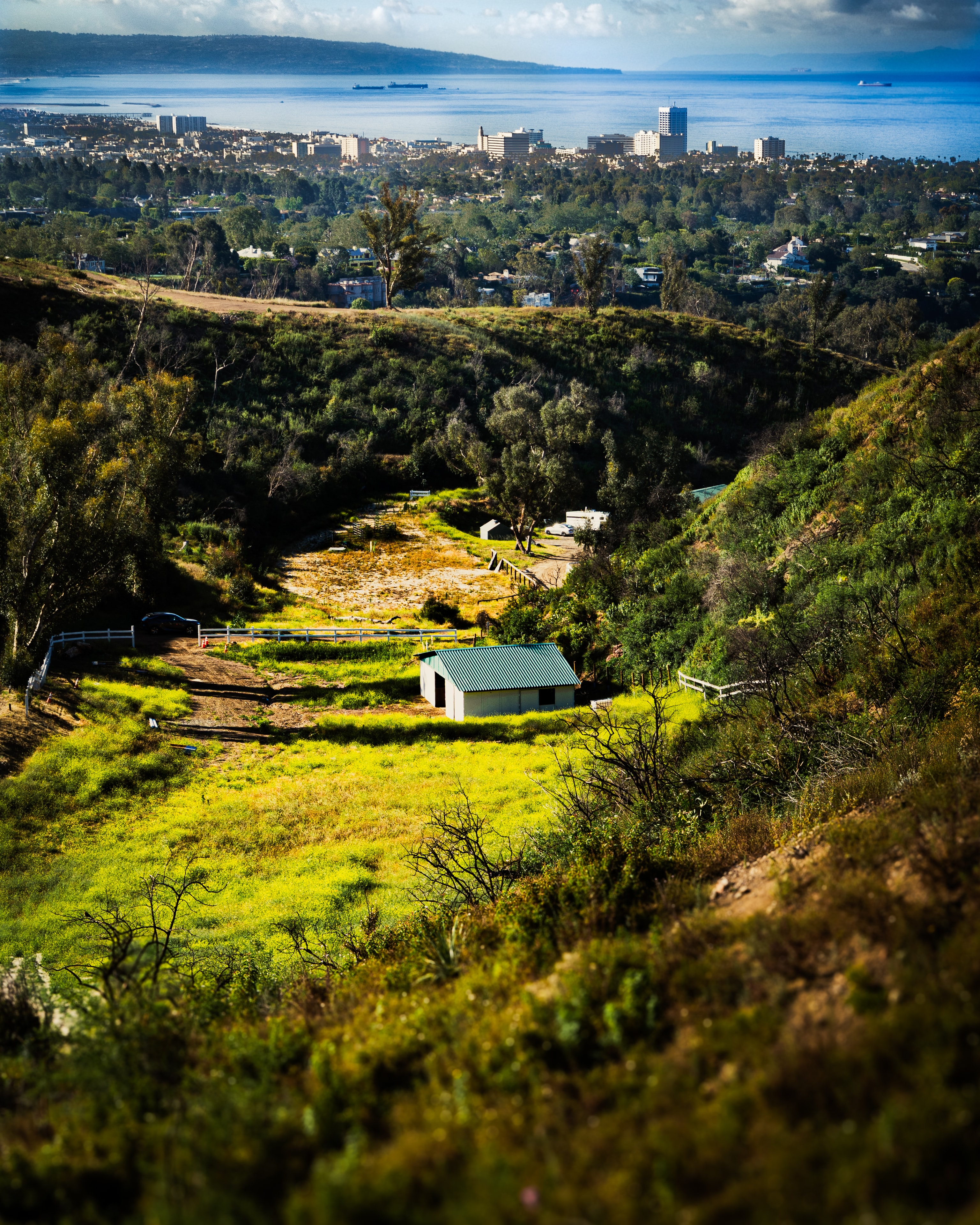Coastal valley with city skyline and ocean beyond