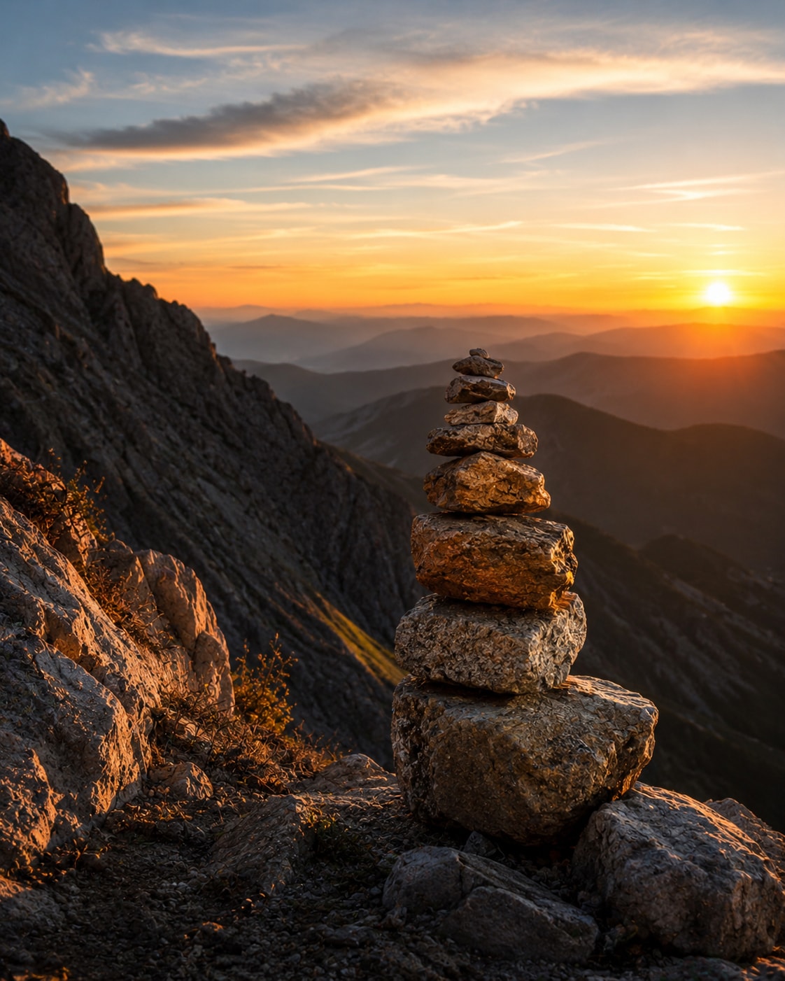Stacked rock cairn on mountain ridge at sunset