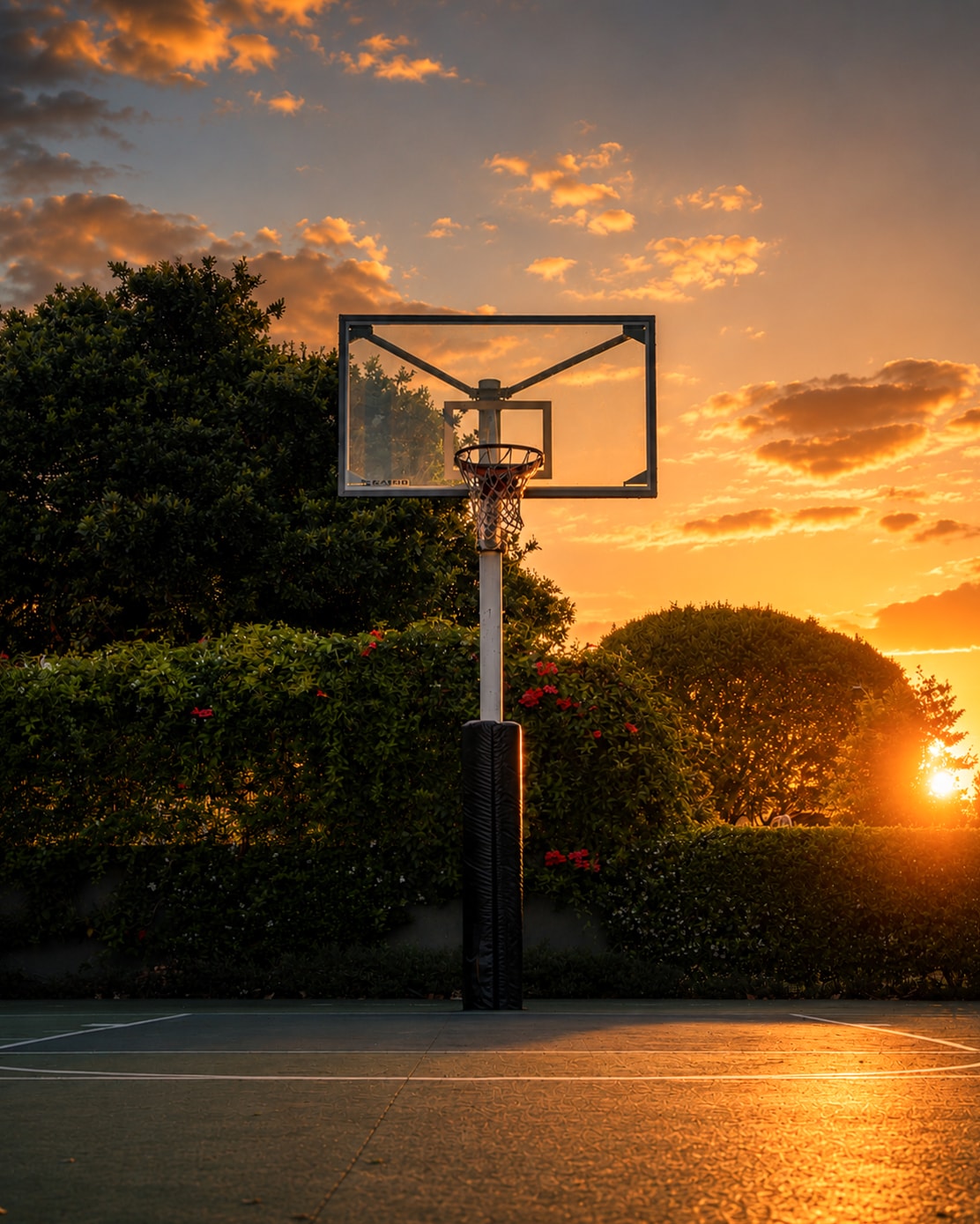 Basketball hoop at golden hour with dramatic sky
