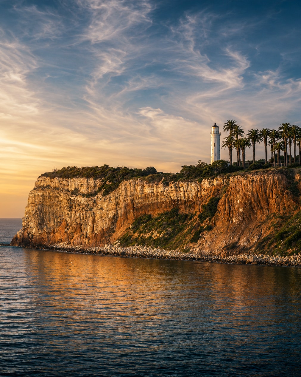 Lighthouse on coastal cliff at sunset with palm trees