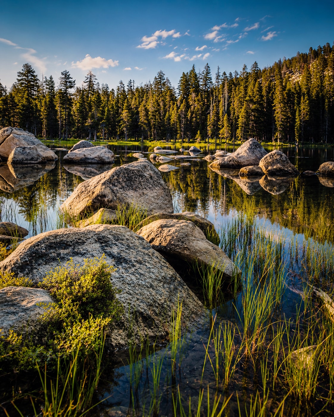 Alpine lake with granite boulders and pine forest