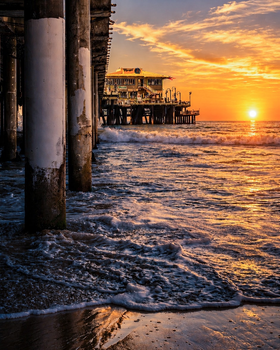 Pier at sunset with crashing waves and golden sky