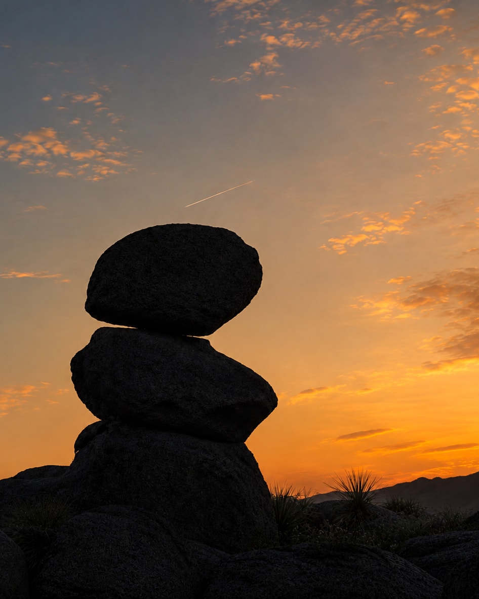 Stacked rocks silhouetted against vivid orange sunset sky