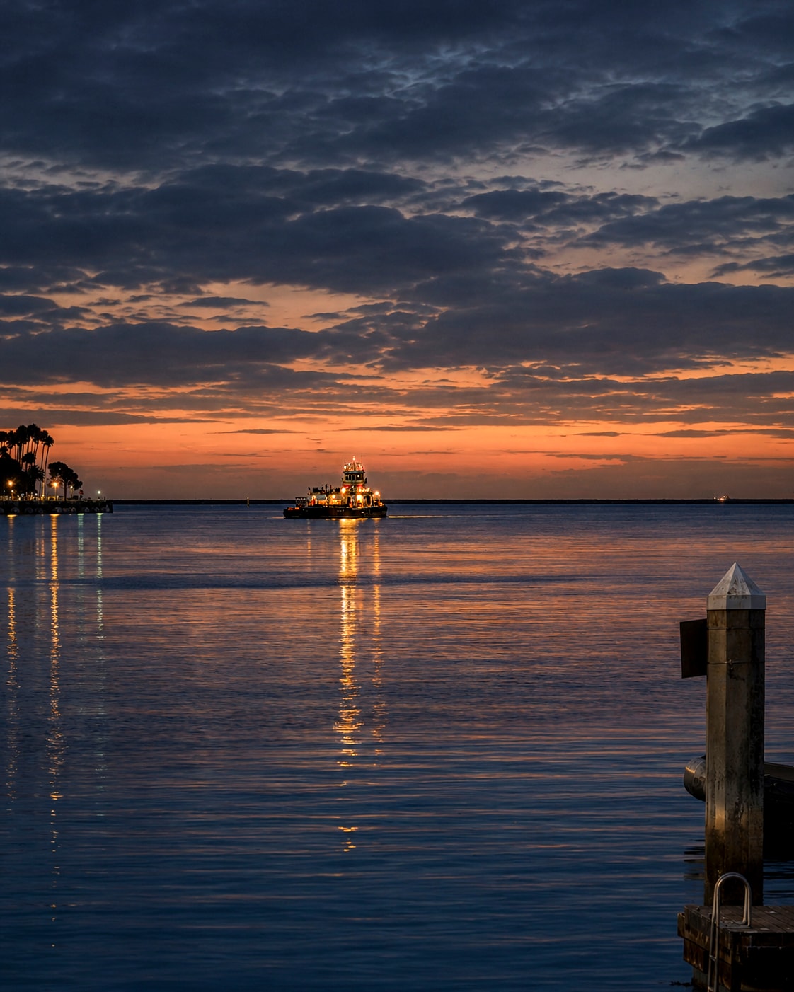 Tugboat crossing harbor at twilight with glowing sunset