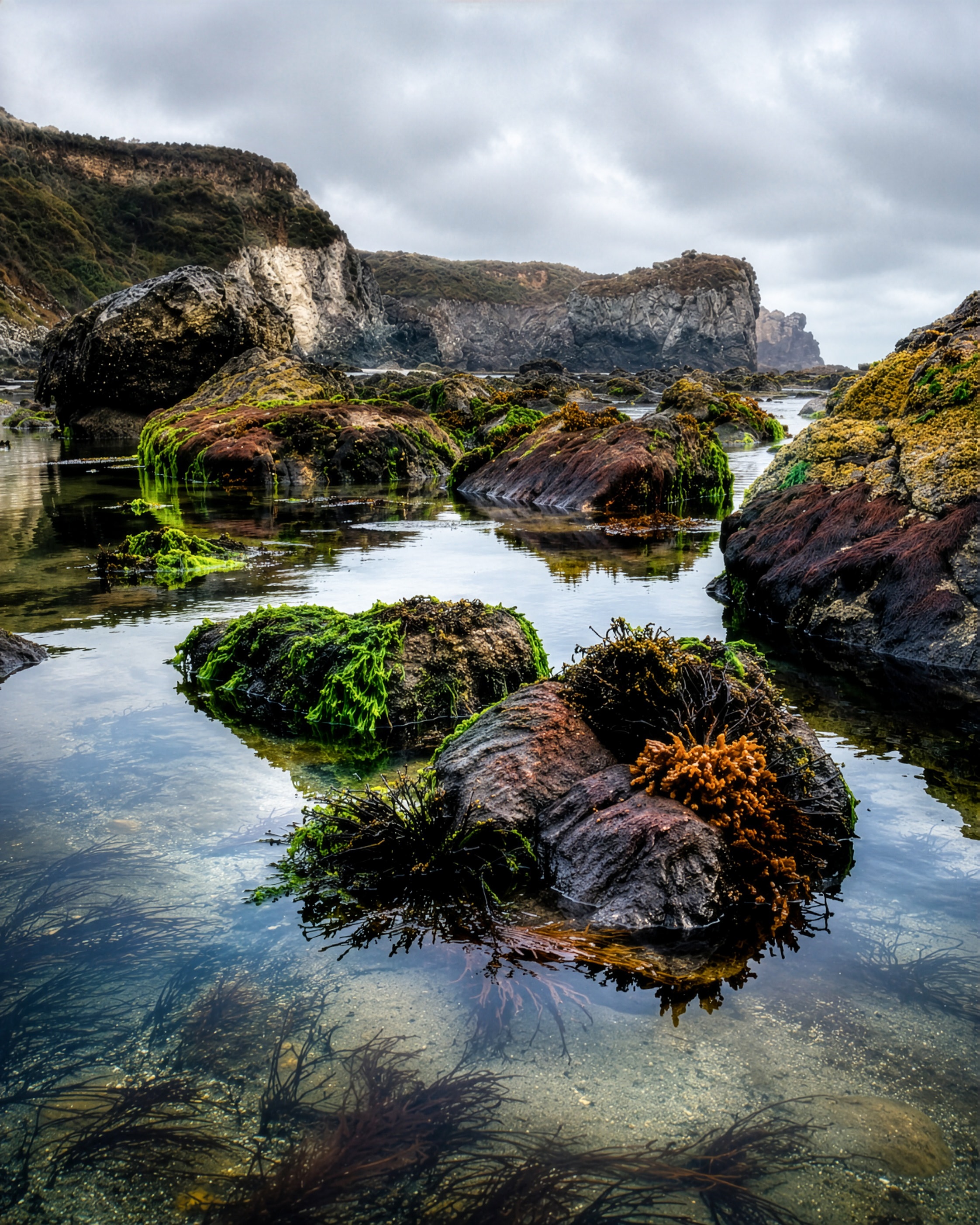 Coastal tide pools with vivid green algae and sea cliffs